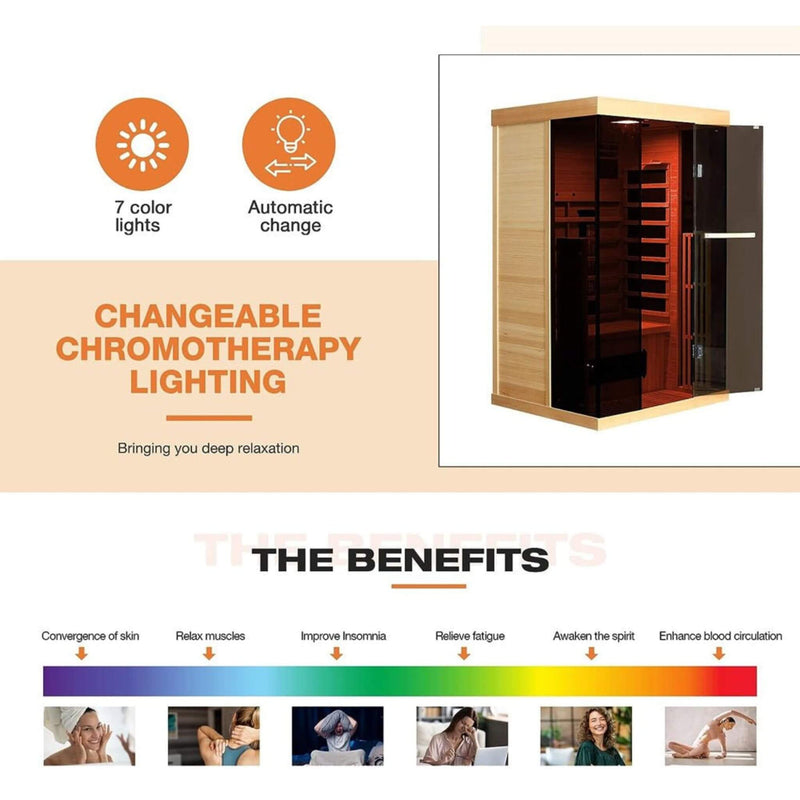 Thermora Valen Luxury 2-Person Low EMF FAR Infrared Heat Wood Home Personal Spa Sauna W/ Panoramic Tempered Glass, 2000W