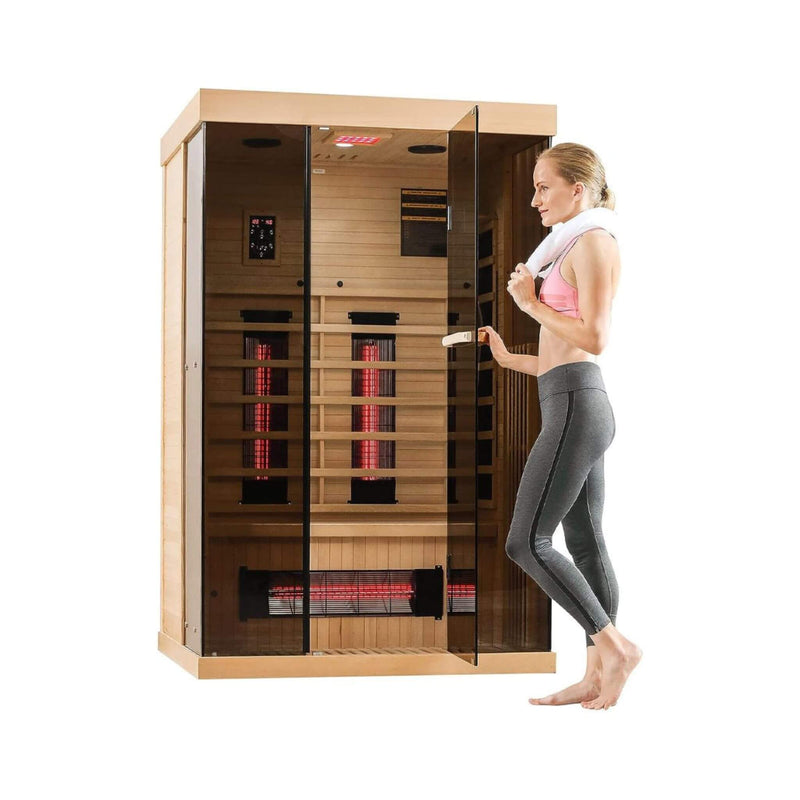 Thermora Valen Luxury 2-Person Low EMF FAR Infrared Heat Wood Home Personal Spa Sauna W/ Panoramic Tempered Glass, 2000W