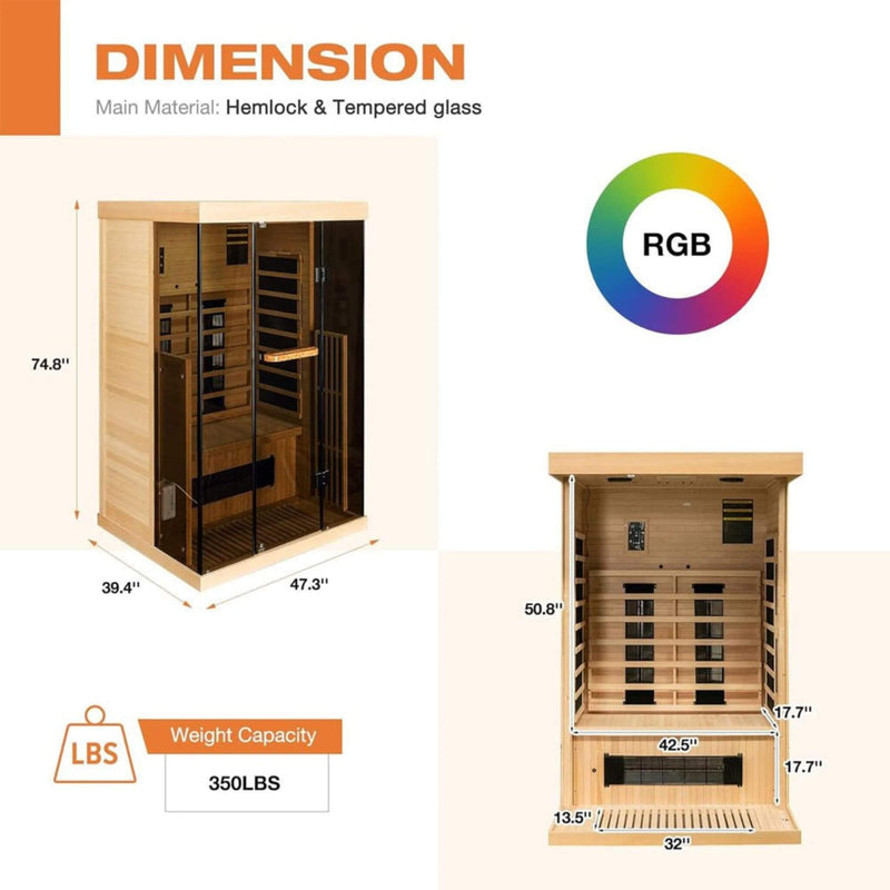 Thermora Valen Luxury 2-Person Low EMF FAR Infrared Heat Wood Home Personal Spa Sauna W/ Panoramic Tempered Glass, 2000W