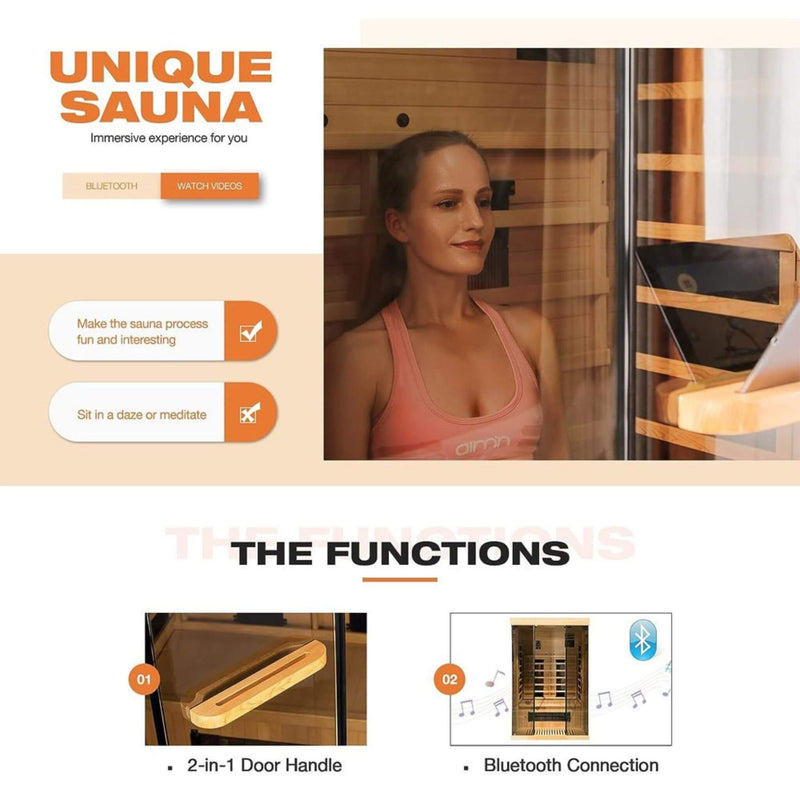 Thermora Valen Luxury 2-Person Low EMF FAR Infrared Heat Wood Home Personal Spa Sauna W/ Panoramic Tempered Glass, 2000W