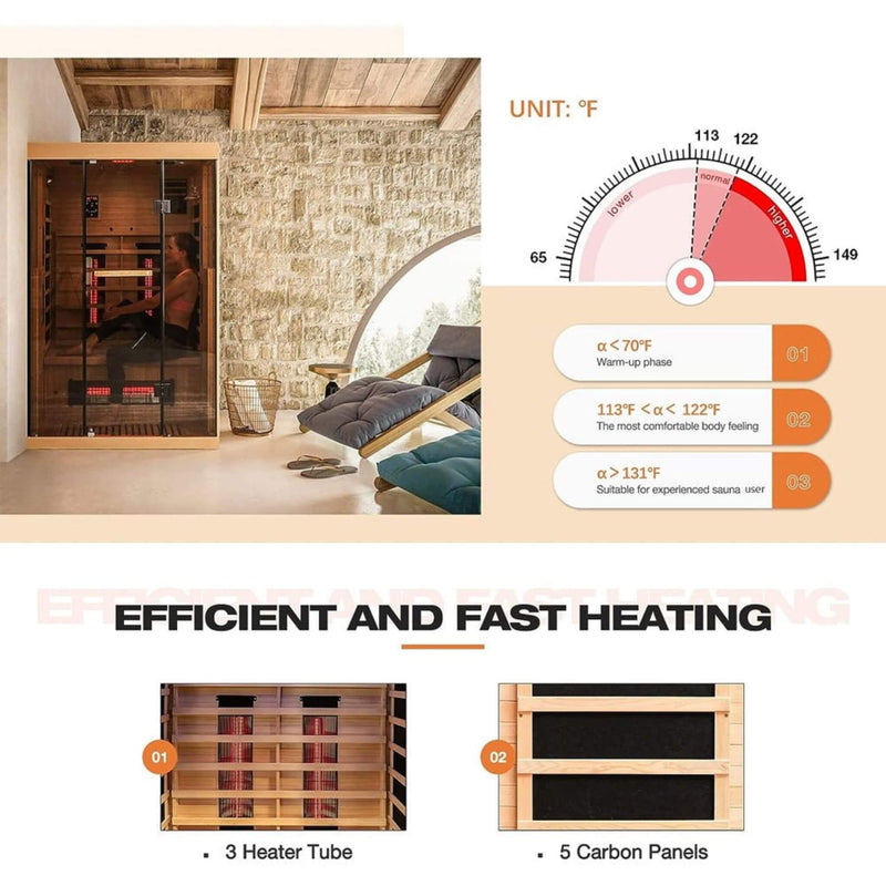 Thermora Valen Luxury 2-Person Low EMF FAR Infrared Heat Wood Home Personal Spa Sauna W/ Panoramic Tempered Glass, 2000W