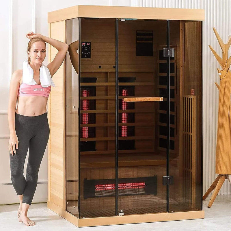 Thermora Valen Luxury 2-Person Low EMF FAR Infrared Heat Wood Home Personal Spa Sauna W/ Panoramic Tempered Glass, 2000W