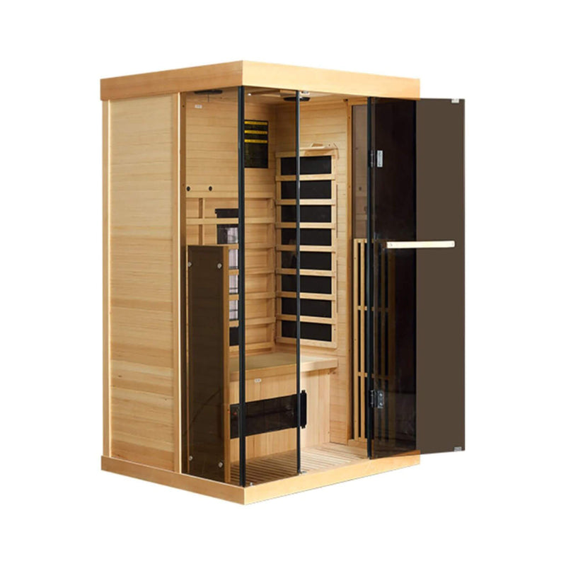 Thermora Valen Luxury 2-Person Low EMF FAR Infrared Heat Wood Home Personal Spa Sauna W/ Panoramic Tempered Glass, 2000W