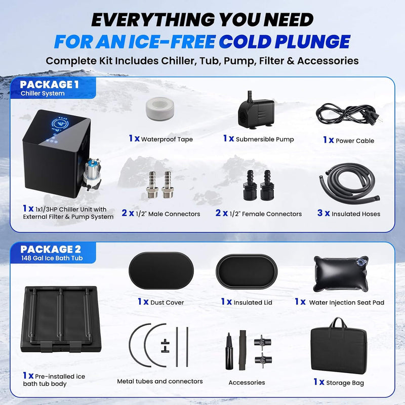 FCP Premium 2XL 148 Gal Cold Plunge Tub Kit With 1/3 HP Chiller, Filter, And Pump (SAK70245)