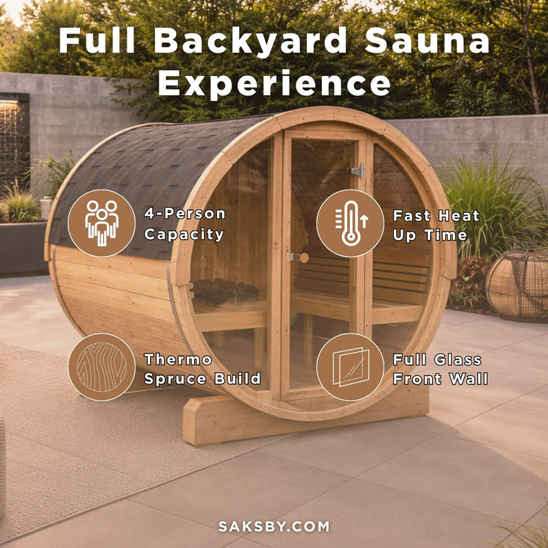 SaunaLife Model E7G Ergo Series 4-Person Outdoor Sauna Barrel With Glass Front