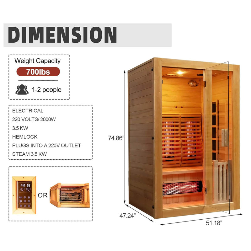 Rövia Luma 2-Person Indoor Hybrid Sauna Room With Infrared And 3.5KW Steam Heater